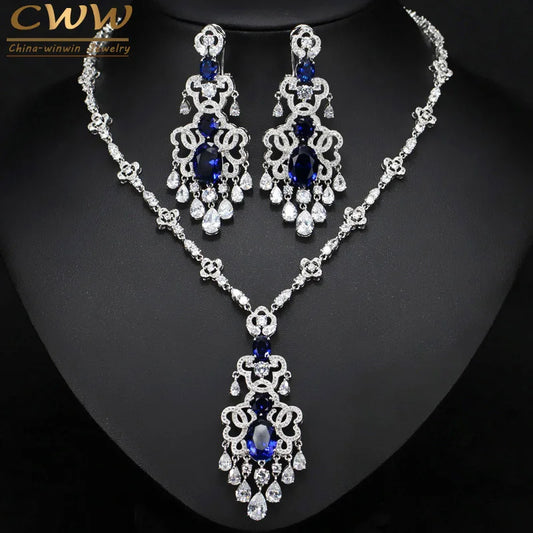 CWWZircons Top Quality Royal Blue Cubic Zirconia African Big Statement Earring Necklace Set For Women Evening Party Jewelry T276