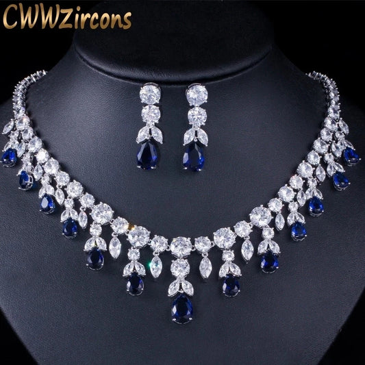 CWWZircons Luxury Dark Blue Women Wedding Party Dress Jewellery Big Dangle Drop Bridal CZ Necklace Earrings Jewelry Sets T341
